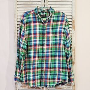 CHAPS BRUSHED FLANNEL BUTTON UP SHIRT Mens XL Green Plaid Long Sleeve Gorpcore